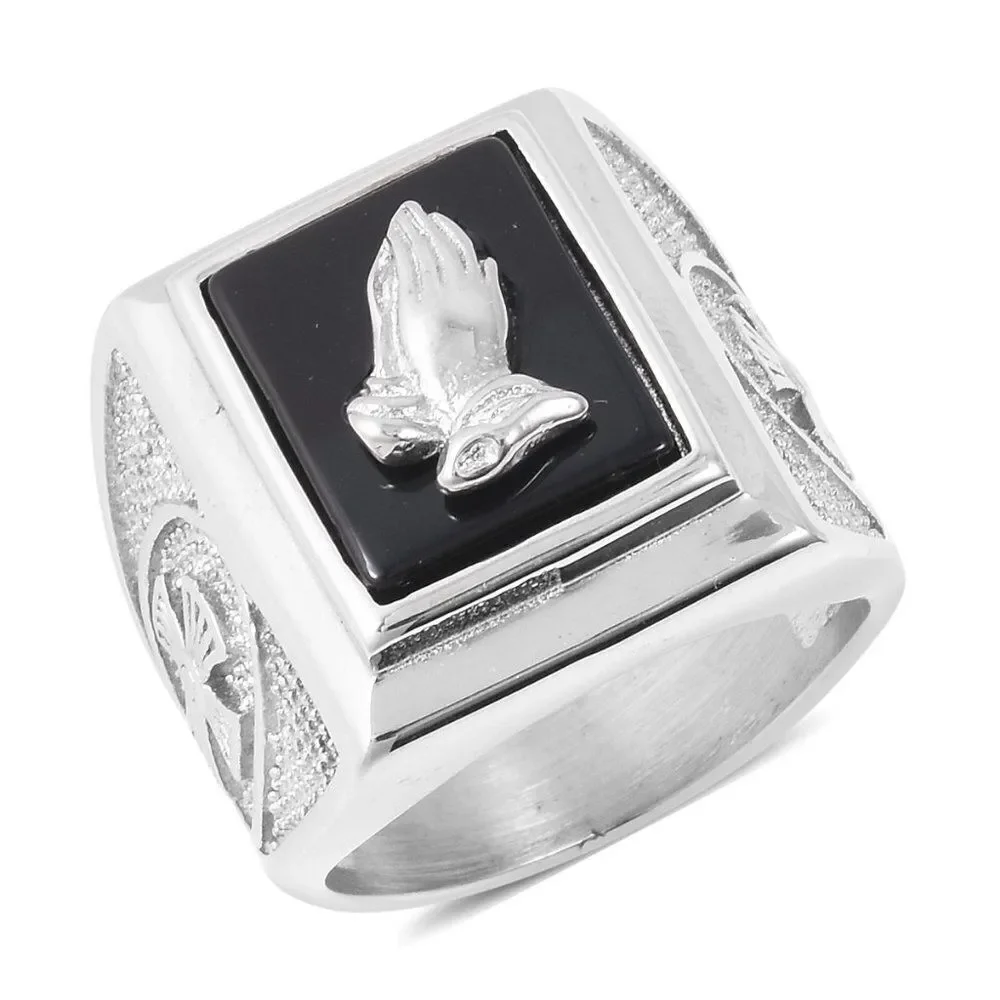 Enhanced Black Agate Stainless Steel Ring Pendant